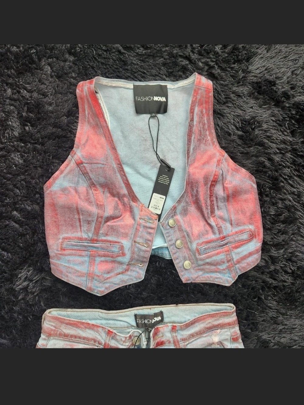 Fashion Nova Red and Light Blue Acid Wash Cropped Denim Vest